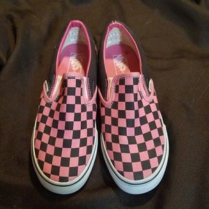 Pink and black Vans classic women's slip on shoes
